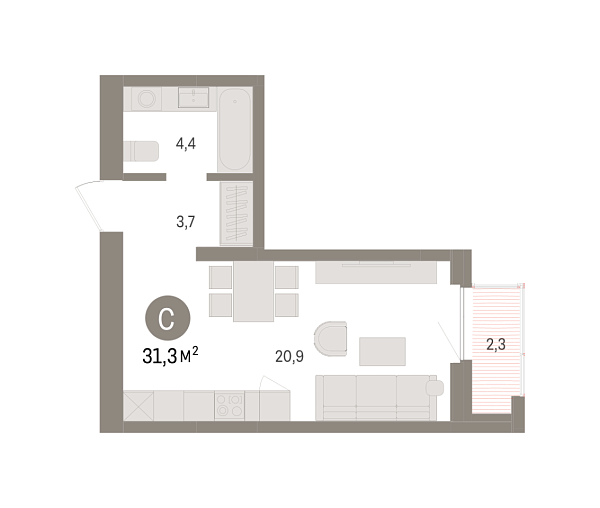 Новая квартира-студия
 31.33 м² на 11/16 этаже в ЖК «Зарека» в городе Тюмень 