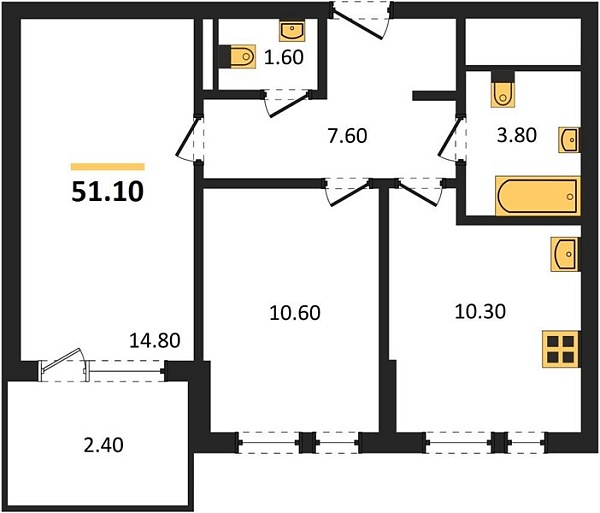 Новая 2-к квартира
 51.1 м² на 6/15 этаже в ЖК «Барса» в городе Тюмень 