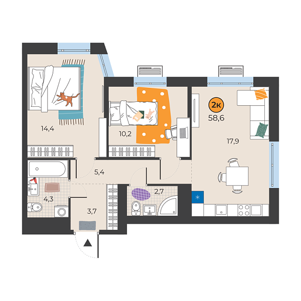 Новая 2-к квартира
 58.6 м² на 23/25 этаже в ЖК «Корней» в городе Тюмень 