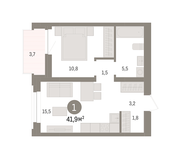 Новая 1-к квартира
 41.9 м² на 5/9 этаже в ЖК «Речной порт» в городе Тюмень 