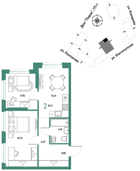 Новая 2-к квартира
 52.11 м² на 4/25 этаже в ЖК «Страна.Парковая» в городе Тюмень 