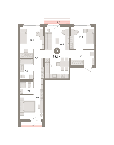 Новая 3-к квартира
 82.8 м² на 4/7 этаже в ЖК «Квартал «Траектория»» в городе Тюмень 
