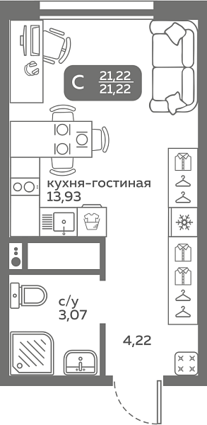 Новая квартира-студия
 21.22 м² на 20/20 этаже в ЖК «Меридиан Слобода» в городе Тюмень 