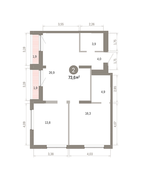 Количество комнат: 2,  73.55 кв.м.
