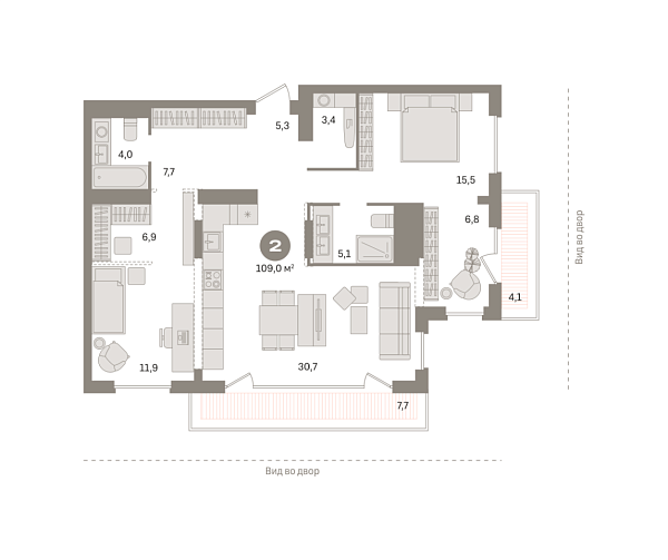 Новая 2-к квартира
 109.02 м² на 25/25 этаже в ЖК «Октябрьский на Туре» в городе Тюмень 