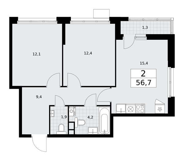 Новая 2-к квартира
 56.7 м² на 3/10 этаже в ЖК «Родные кварталы» в городе Тюмень 