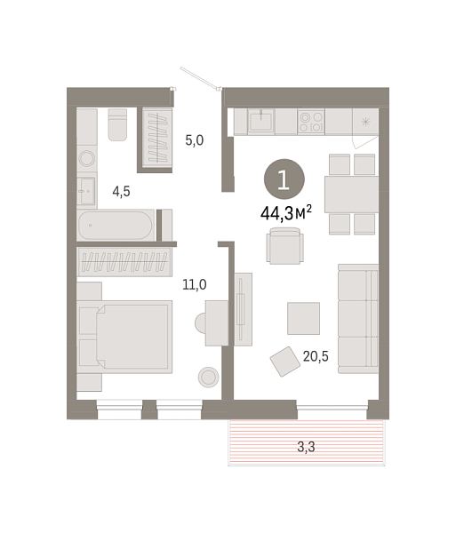 Новая 1-к квартира
 44.28 м² на 8/9 этаже в ЖК «Республики 205» в городе Тюмень 