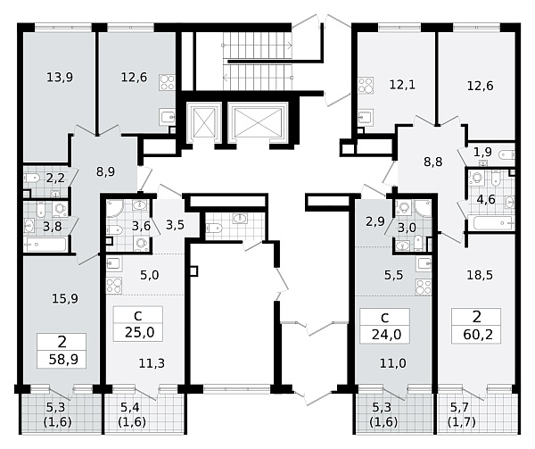 Количество комнат: 2,  59 кв.м.