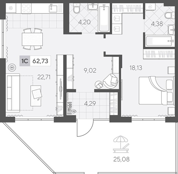 Новая 1-к квартира
 69.81 м² на 1/4 этаже в ЖК «Скандиа. Квартал у Озера» в городе Тюмень 