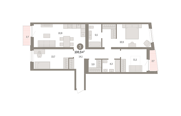 Новая 3-к квартира
 100.5 м² на 9/10 этаже в ЖК «Речной порт» в городе Тюмень 