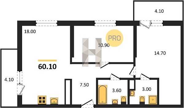 Новая 2-к квартира
 60.1 м² на 22/24 этаже в ЖК «Облака-2» в городе Тюмень 