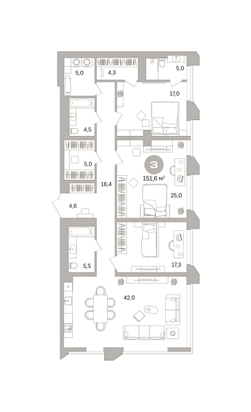 Новая 3-к квартира
 151.59 м² на 4/21 этаже в ЖК «Гоголя 21» в городе Тюмень 