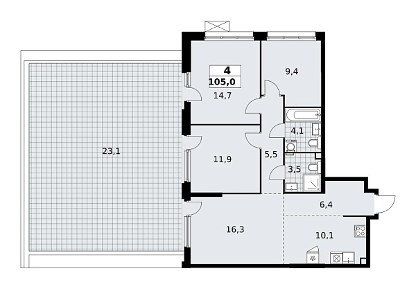 Новая 4-к квартира
 105 м² на 2/18 этаже в ЖК «Скандинавия» в городе Тюмень 