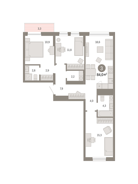Новая 3-к квартира
 83.99 м² на 5/9 этаже в ЖК «Республики 205» в городе Тюмень 