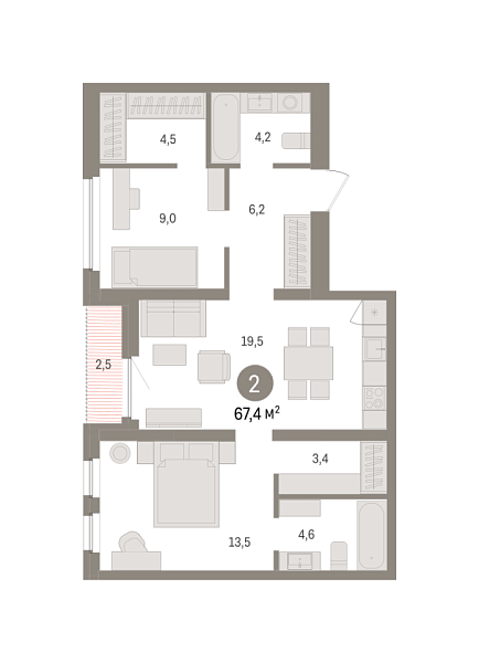 Новая 2-к квартира
 67.38 м² на 6/8 этаже в ЖК «Зарека» в городе Тюмень 