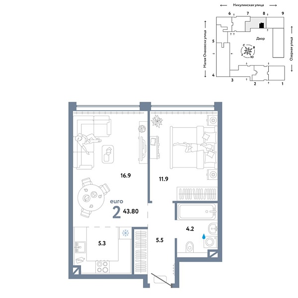 Новая 2-к квартира
 43.8 м² на 9/30 этаже в ЖК «Страна.Озёрная» в городе Тюмень 