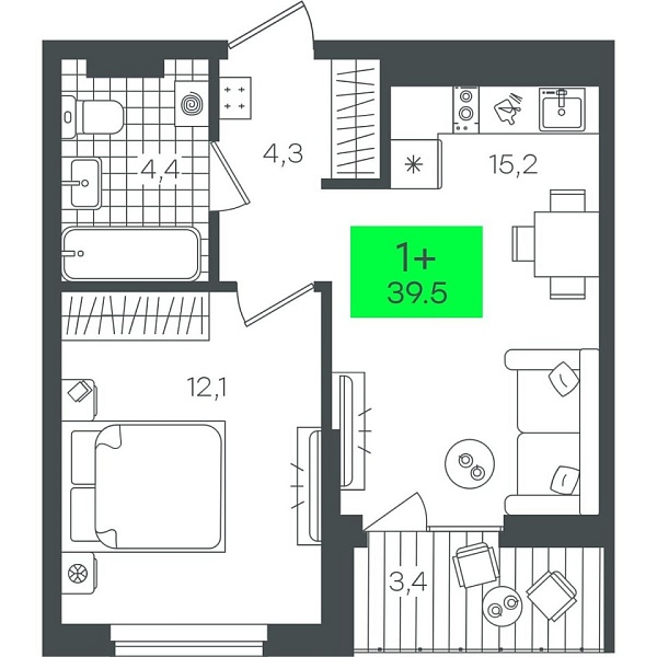 Новая 1-к квартира
 39.54 м² на 9/12 этаже в ЖК «Гранд Квартал» в городе Тюмень 