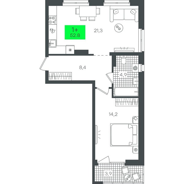 Новая 1-к квартира
 52.85 м² на 5/22 этаже в ЖК «Гранд Квартал» в городе Тюмень 