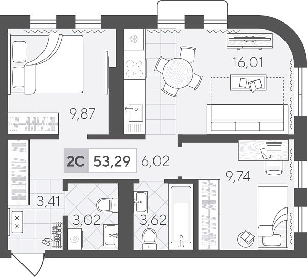 Новая 2-к квартира
 51.69 м² на 13/17 этаже в ЖК «Скандиа. Квартал в Комарово Парк» в городе Тюмень 