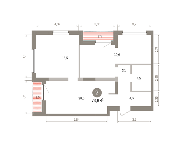 Количество комнат: 2,  73.77 кв.м.