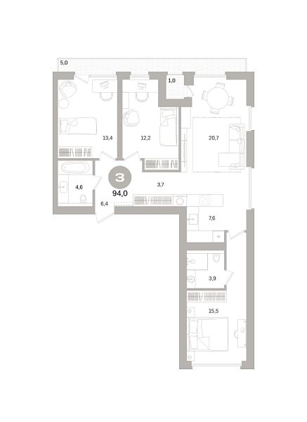 Новая 3-к квартира
 94.08 м² на 2/8 этаже в ЖК «Северный ветер» в городе Тюмень 