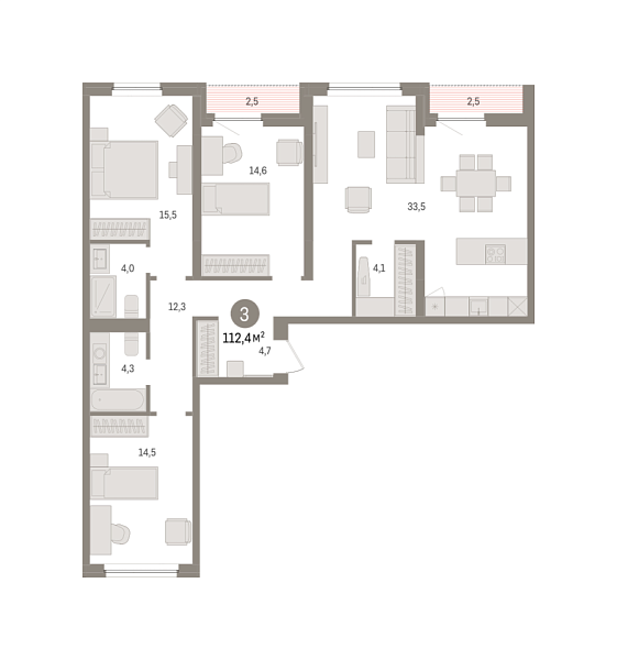 Новая 3-к квартира
 112.36 м² на 8/8 этаже в ЖК «Зарека» в городе Тюмень 