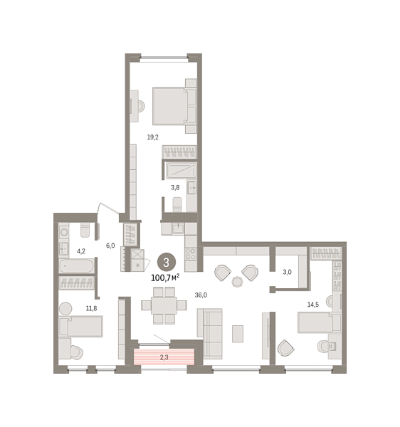 Новая 3-к квартира
 100.73 м² на 3/7 этаже в ЖК «Зарека» в городе Тюмень 