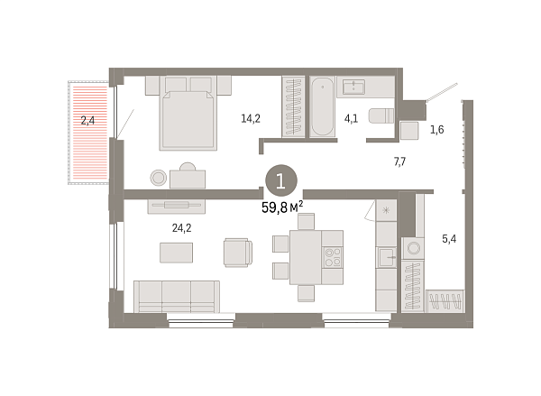 Новая 1-к квартира
 59.76 м² на 10/16 этаже в ЖК «Зарека» в городе Тюмень 