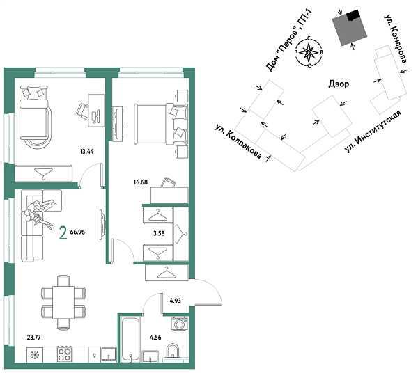 Новая 2-к квартира
 66.96 м² на 16/25 этаже в ЖК «Страна.Парковая» в городе Тюмень 