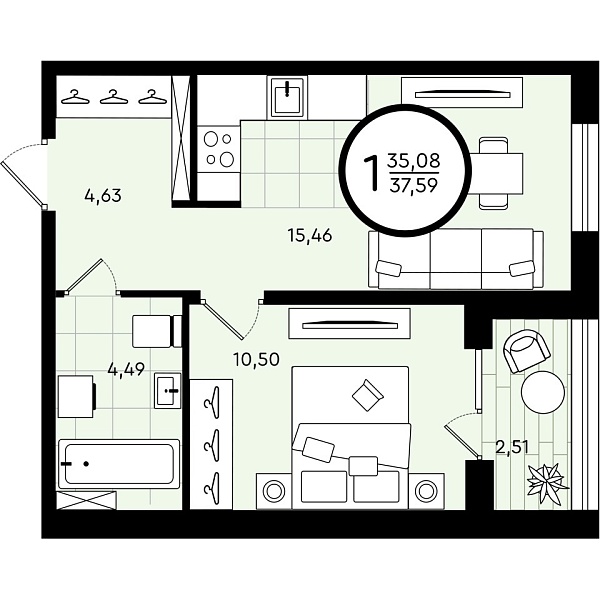 Квартира, 37 кв.м., Александра Звягина, 5