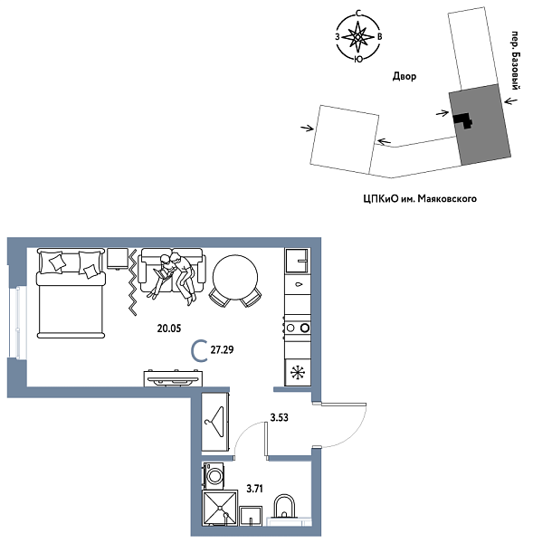 Новая квартира-студия
 27.29 м² на 10/25 этаже в ЖК «Сибирский сад» в городе Тюмень 