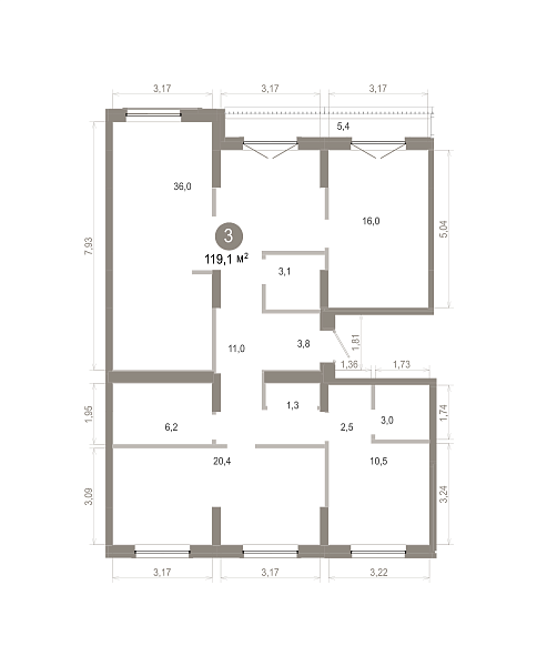Количество комнат: 3,  119.09 кв.м.