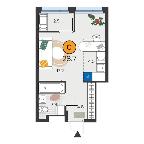 Новая квартира-студия
 28.7 м² на 23/25 этаже в ЖК «Корней» в городе Тюмень 