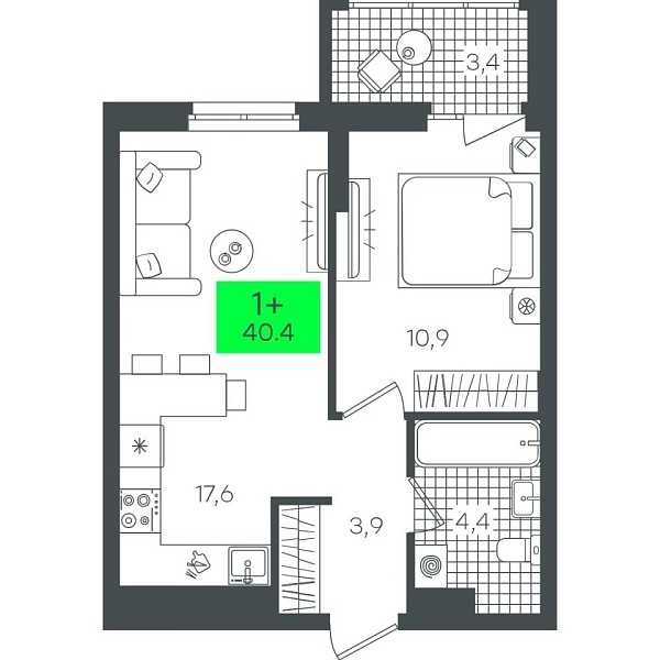 Новая 1-к квартира
 40.46 м² на 19/22 этаже в ЖК «Гранд Квартал» в городе Тюмень 