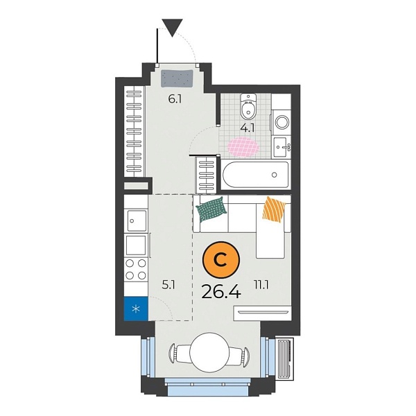 Новая квартира-студия
 26.4 м² на 4/25 этаже в ЖК «Корней» в городе Тюмень 