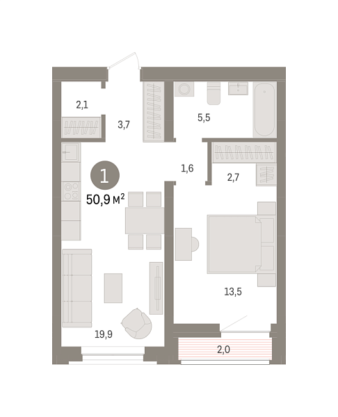 Новая 1-к квартира
 50.9 м² на 4/10 этаже в ЖК «Речной порт» в городе Тюмень 
