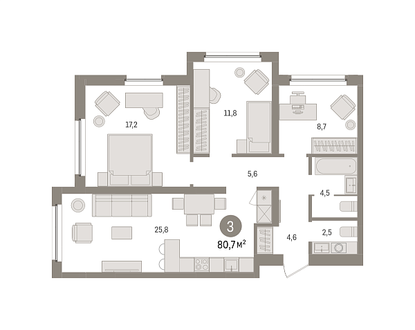 Новая 3-к квартира
 80.66 м² на 2/8 этаже в ЖК «Зарека» в городе Тюмень 