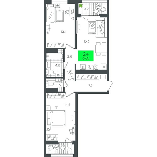 Новая 2-к квартира
 67.58 м² на 5/19 этаже в ЖК «Гранд Квартал» в городе Тюмень 