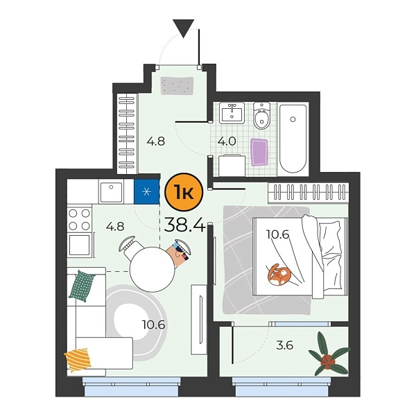 Новая 1-к квартира
 38.4 м² на 5/25 этаже в ЖК «Корней» в городе Тюмень 