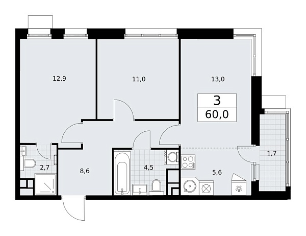 Новая 3-к квартира
 60 м² на 10/10 этаже в ЖК «Родные кварталы» в городе Тюмень 