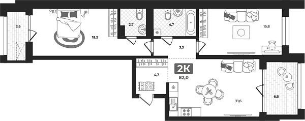 Новая 2-к квартира
 82.2 м² на 4/23 этаже в ЖК «Маэстро» в городе Тюмень 