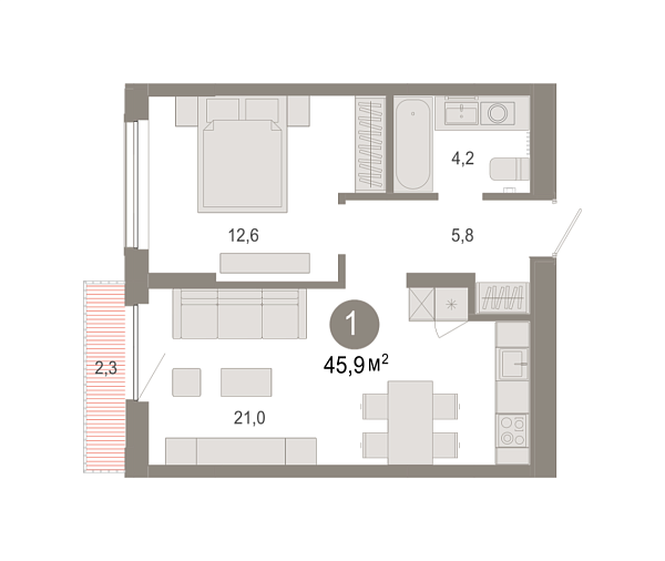 Новая 1-к квартира
 45.93 м² на 11/17 этаже в ЖК «Октябрьский на Туре» в городе Тюмень 