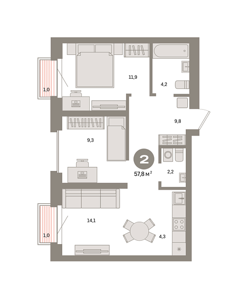 Новая 2-к квартира
 57.8 м² на 8/31 этаже в ЖК «Квартал «Метроном»» в городе Тюмень 