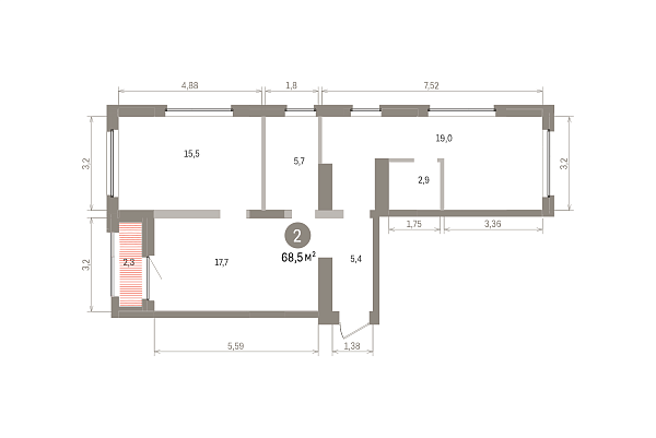 Количество комнат: 2,  68.47 кв.м.