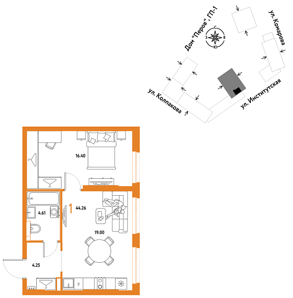 Новая 1-к квартира
 44.26 м² на 2/25 этаже в ЖК «Страна.Парковая» в городе Тюмень 