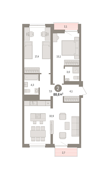 Новая 2-к квартира
 88.6 м² на 7/8 этаже в ЖК «Речной порт» в городе Тюмень 