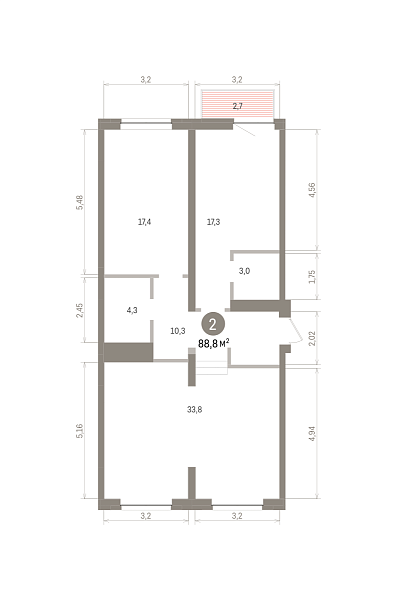 Количество комнат: 2,  88.8 кв.м.