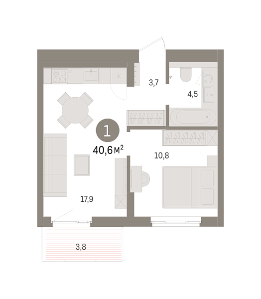 Новая 1-к квартира
 40.63 м² на 7/9 этаже в ЖК «Брусника в Новоселье» в городе Тюмень 