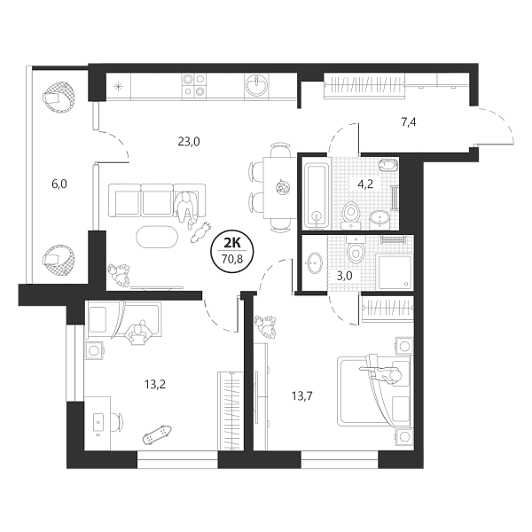 Новая 2-к квартира
 70.8 м² на 2/22 этаже в ЖК «Маэстро» в городе Тюмень 