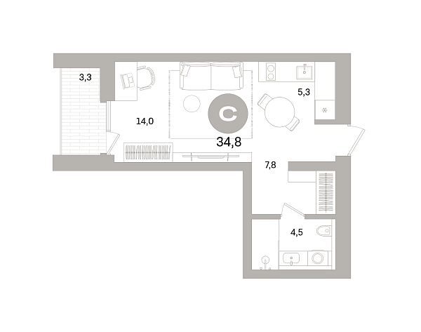 Новая квартира-студия
 34.81 м² на 5/16 этаже в ЖК «Северный ветер» в городе Тюмень 